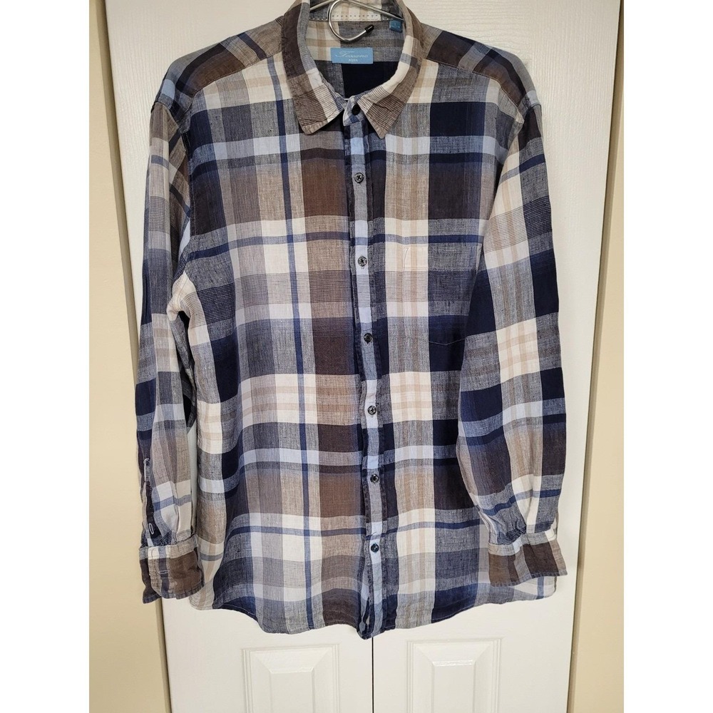 Toscano Aqua Mens Plaid 100% Linen Long Sleeve Casual Shirt Size L